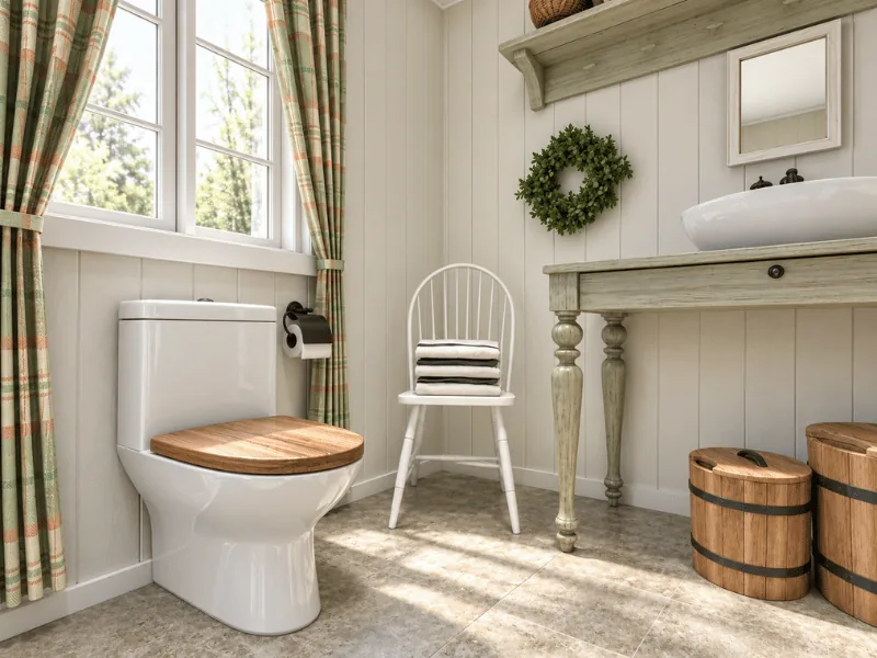 Farmhouse bathroom with wood accents, a vessel sink, plaid curtains, and a simple green wreath.
