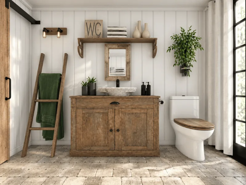 Rustic farmhouse bathroom with a wood vanity, ladder towel rack, wood toilet seat, and greenery.