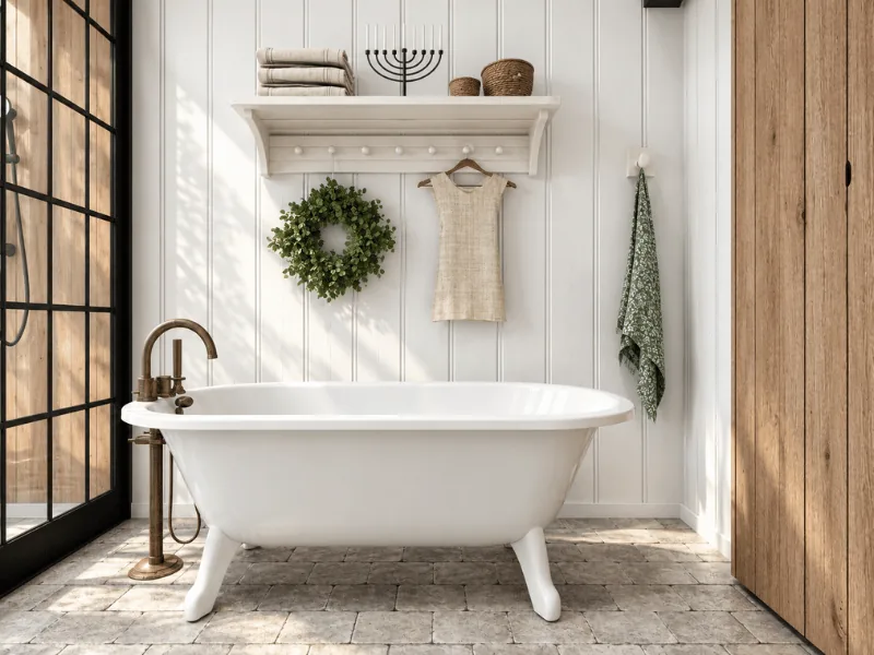 Farmhouse bathroom with a freestanding tub, wood cabinetry, white panel walls, and natural accents.