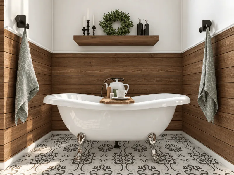 Farmhouse bathroom with a clawfoot tub, wood wall paneling, patterned floor tile, and rustic decor.