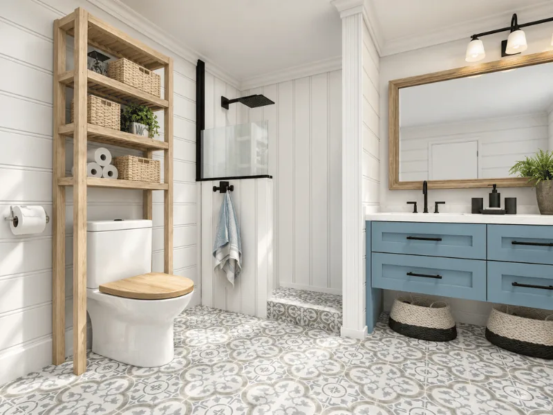 Modern farmhouse bathroom with a blue vanity, walk-in shower, patterned floor tile, and open wood shelving.