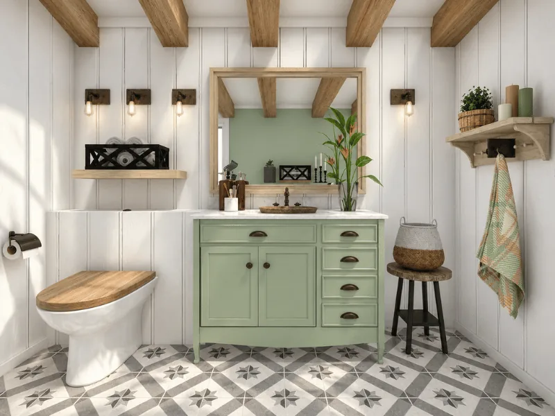 Farmhouse bathroom with a soft green vanity, exposed wood beams, patterned tile, and rustic wall lights.