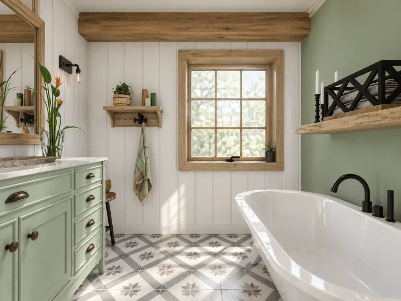 Farmhouse bathroom with green cabinetry, freestanding tub, patterned floor tile, and natural wood details.