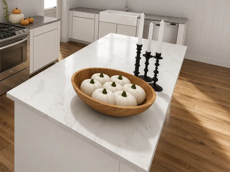 Bright white kitchen with a marble-topped island displaying a wooden bowl of small white pumpkins and three black candlesticks with white candles.
