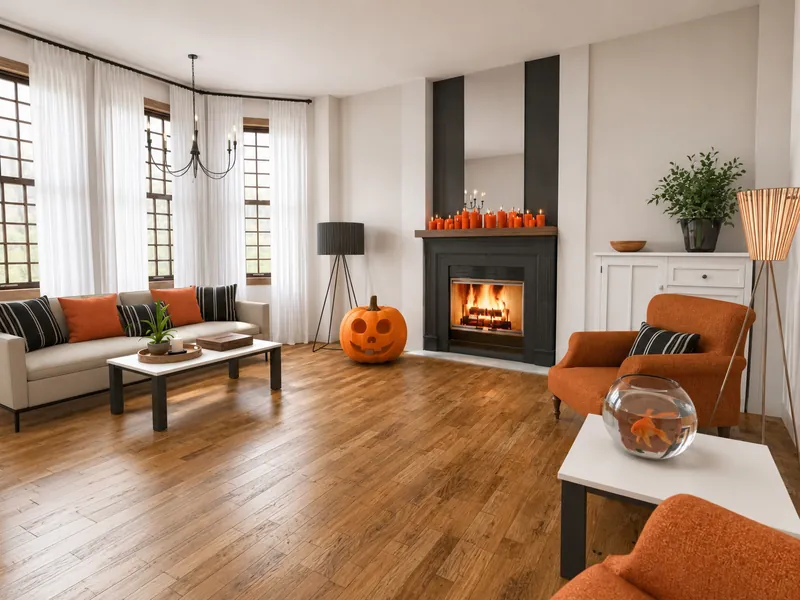 Halloween-themed living room with orange armchairs and cushions, a glowing fireplace lined with candles, a jack-o’-lantern decoration, and a goldfish bowl on a side table.