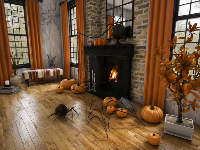 Halloween-decorated living room with orange curtains, pumpkins, oversized spiderwebs, a large spider prop, and a lit black fireplace set into a brick wall.