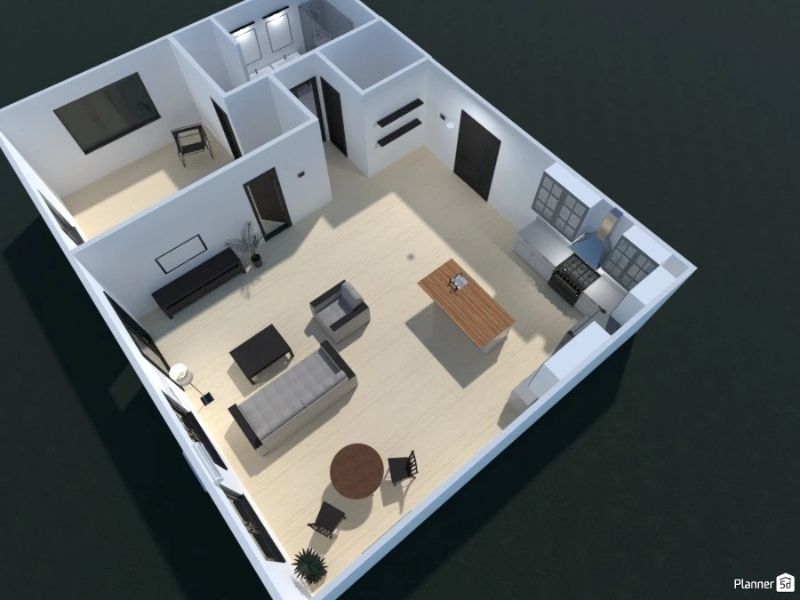 3D Floor Plan made with Planner 5D. The image shows an apartment with one bedroom, one bathroom, one combined living room and kitchen, and a storage closet.