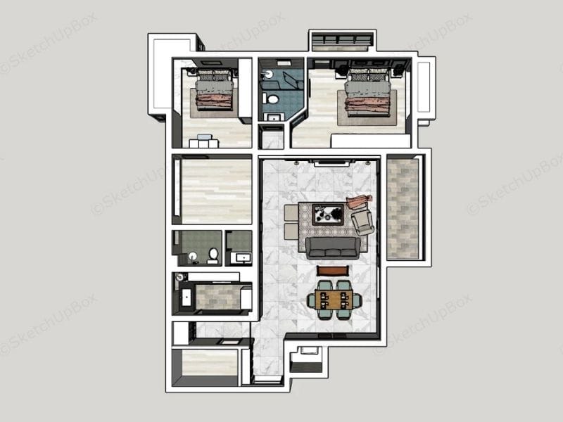 3D Floor Plan made with SketchUp. The image shows an apartment floor plan with two bedrooms, one living room, one bathroom, a kitchen, and storage.