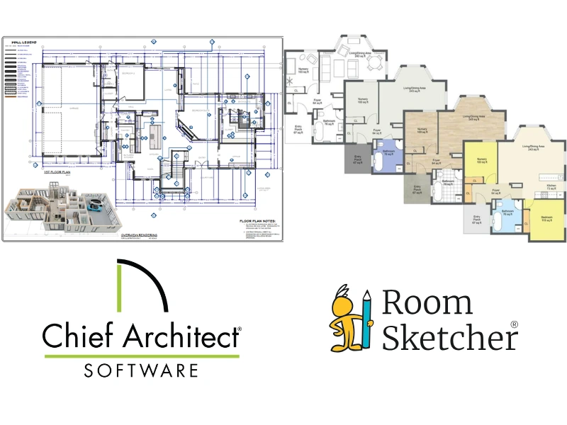 Chief Architect vs RoomSketcher 2D floor plan. The image shows a comparison of 2D floor plans made with Chief Architect and RoomSketcher. On the left side of the image is a 2D floor plan made with Chief Architect. It shows an architectural floor plan. Below the floor plan is the Chief Architect logo. On the right side of the image is four 2D floor plans made with RoomSketcher. The floor plans showcase all the different types of 2D floor plans you can make with RoomSketcher. One black-and-white, one standard, one showing materials, and one color coded floor plan. Below the floor plans is the RoomSketcher logo.