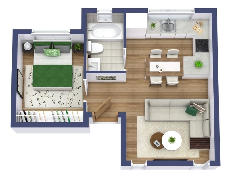 3D floor plan of a small one-bedroom house featuring an open-plan living, dining, and kitchen area with wood flooring.