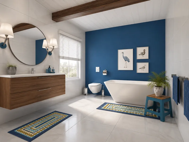 Modern bathroom with a freestanding white tub, floating wood vanity, round mirror, blue accent wall, framed bird art, patterned rugs, and potted plants.