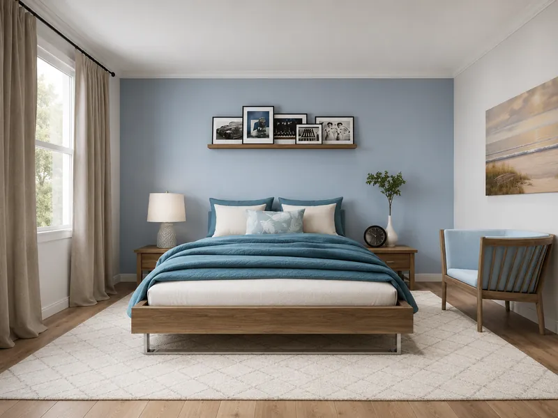 Calm blue-and-white bedroom with a wooden platform bed, layered teal bedding, framed photos above the headboard, matching nightstands, an armchair, and soft natural light.
