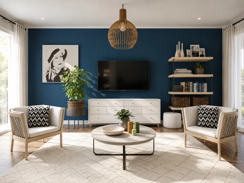 Modern living room with a navy accent wall, wall-mounted TV, white sideboard, two light wood armchairs, round coffee table, open shelving, plants, and woven pendant lighting.