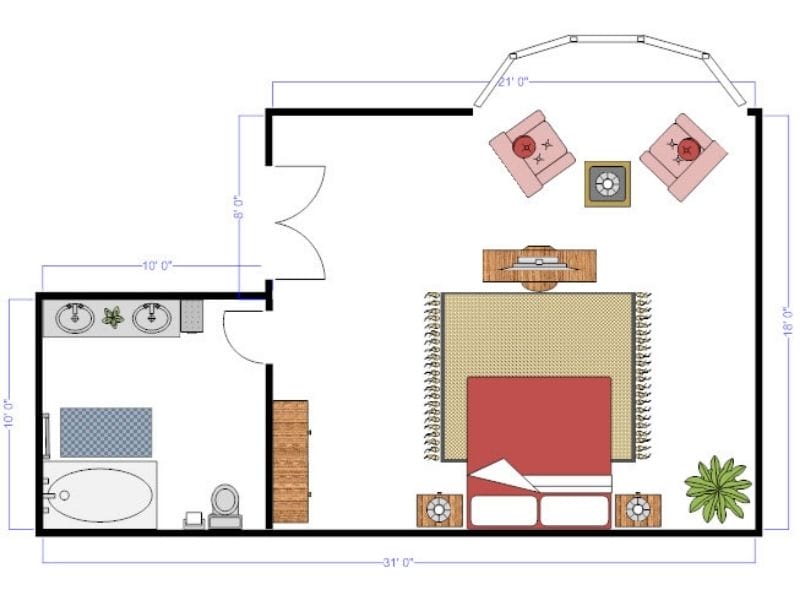 2D Floor Plan made with SmartDraw. The image shows a bedroom floor plan with a double bed, a TV, a seating area, nightstands, and a bathroom with a toilet, his and hers sinks, and a bathtub.