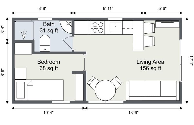 2D floor plan of a compact one-bedroom house measuring 12’1” by 22’1”.