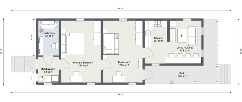 Two-bedroom rectangular house floor plan with a narrow layout. From left to right: a hall with laundry area, bathroom, primary bedroom, second bedroom, kitchen, and an open living/dining room leading to a patio. Room sizes are labeled, with the kitchen and living areas at the front, bedrooms in the middle, and bathroom and laundry at the back.
