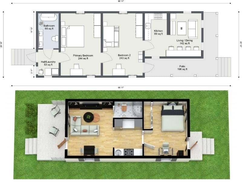 Two-bedroom shotgun house floor plan with labeled measurements and a 3D top-down view showing a living/dining area, kitchen, bathroom, hall laundry, and patio.
