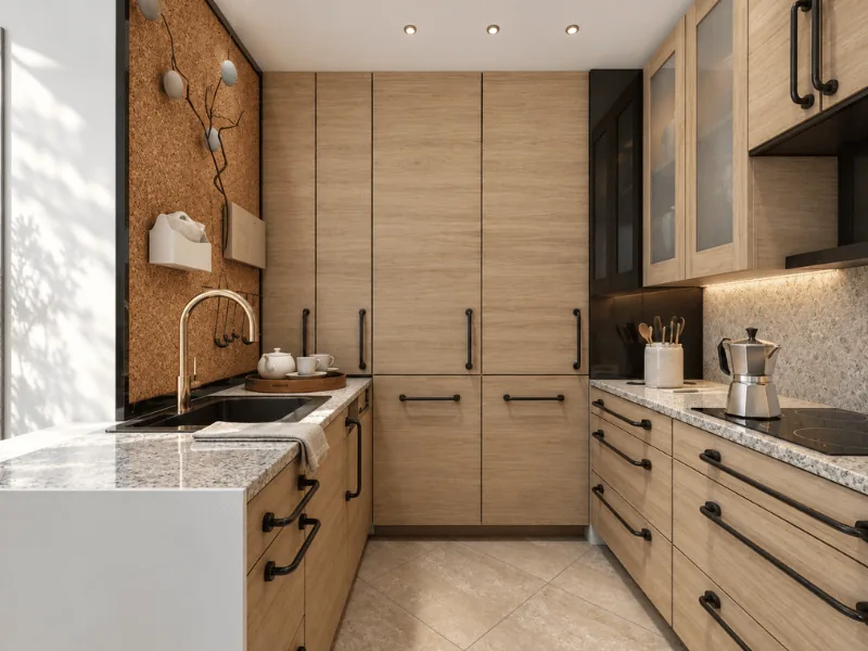 Small galley kitchen layout with floor-to-ceiling wood cabinets, stone counters, and black hardware.