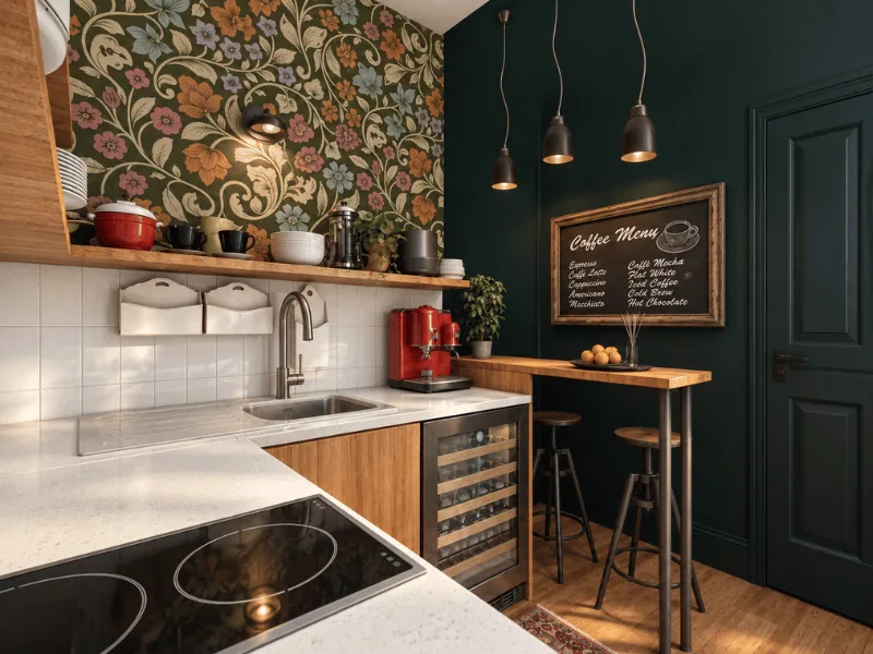 Small kitchen layout with floral wallpaper, open shelving, and a compact breakfast bar.