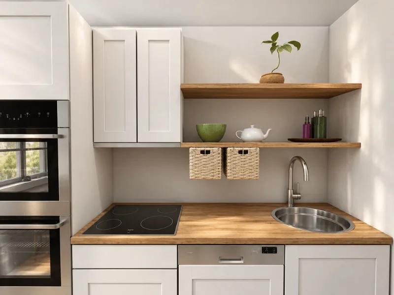 Compact one-wall kitchen layout with white cabinets, wood countertops, and open shelving.
