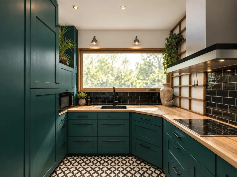 Small U-shaped kitchen layout with green cabinets, wood countertops, and patterned floor tile.