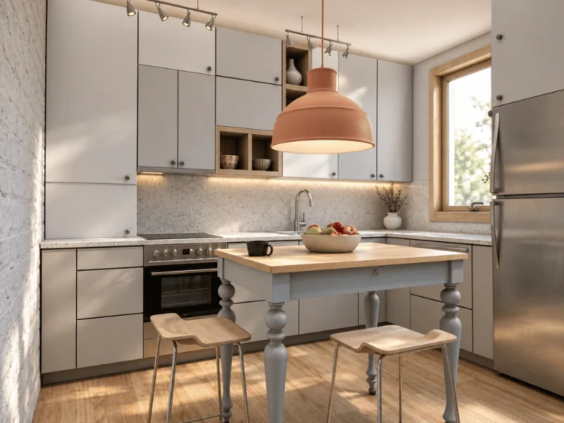 Small kitchen layout with white cabinets, a compact island, stools, and a large pendant light.