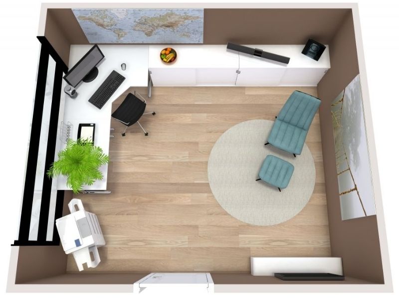 3D floor plan of a modern home office with a corner desk, computer, and black office chair.