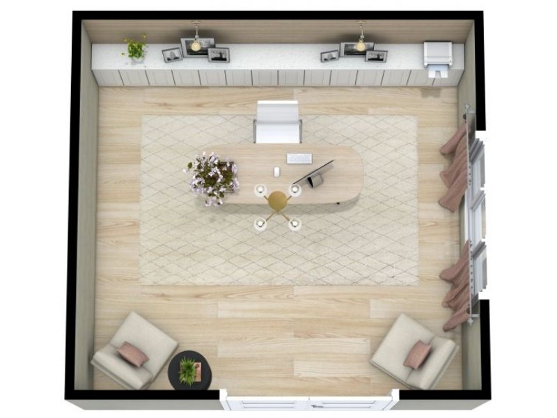 Home office with a chair and desk facing the entrance door.
