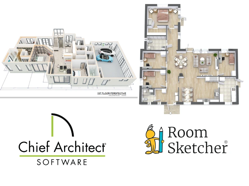 Chief Architect vs RoomSketcher 3D floor plans. On the left side of the image is a 3D floor plan made with Chief Architect. It's on a tilted angle. Below the floor plan is the Chief Architect logo. On the right side of the image is a 3D Floor Plan made with RoomSketcher. The floor plan is seen from above and features 4 bedrooms, two bathrooms, a kitchen, dining and living area, and a laundry. Below the floor plan is the RoomSketcher logo.