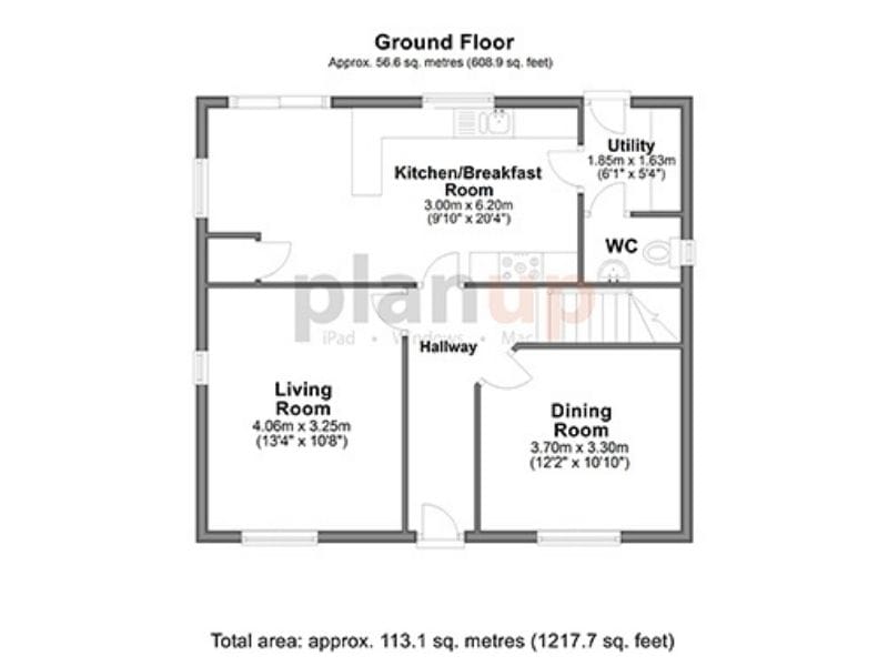 2D Floor Plan made with PlanUp. The image shows a ground floor with a hallway, living room, dining room, a kitchen, WC, and utility.