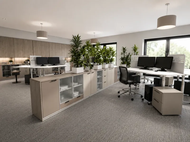 Modern, bright open-plan office with multiple workstations, dual monitors, office chairs, and low storage cabinets. Green plants act as dividers between the desks, while large windows provide plenty of natural light.