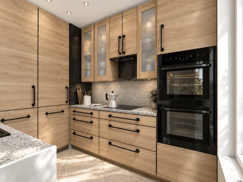 Small galley kitchen with light wood cabinets, black appliances, stone counters, and tall storage.