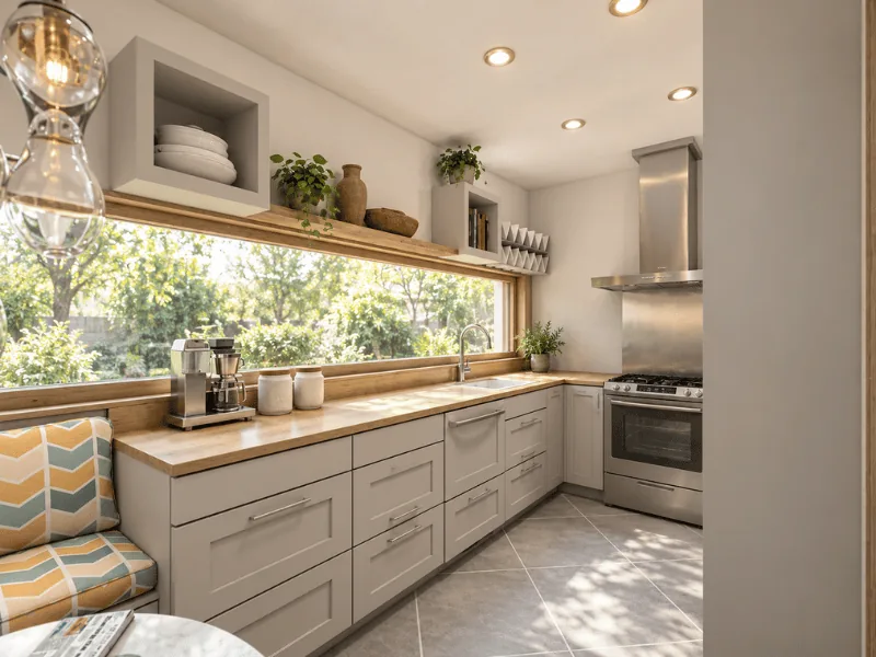 Small kitchen layout with a large window, white cabinets, wood countertops, and open shelving.