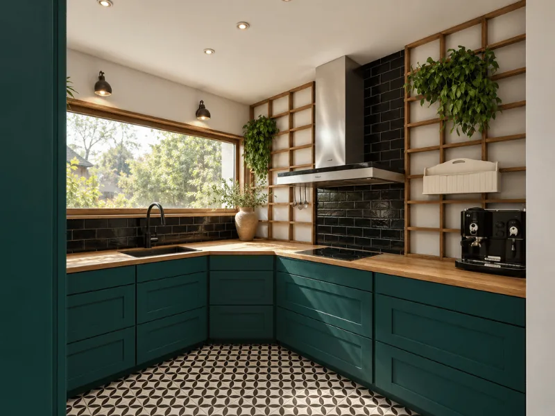 Small U-shaped kitchen with green cabinets, black tile backsplash, wood countertops, and patterned flooring.