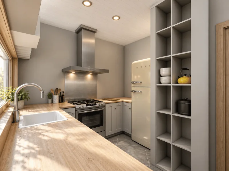 Small kitchen with gray cabinets, open shelving, wood countertops, and a retro-style refrigerator.