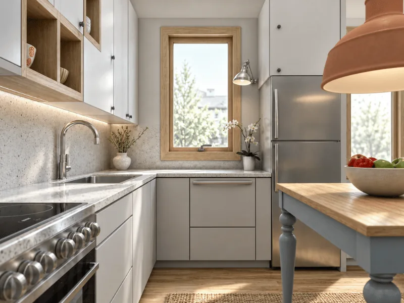 Small kitchen layout with white cabinets, a compact island table, stainless steel appliances, and natural light.