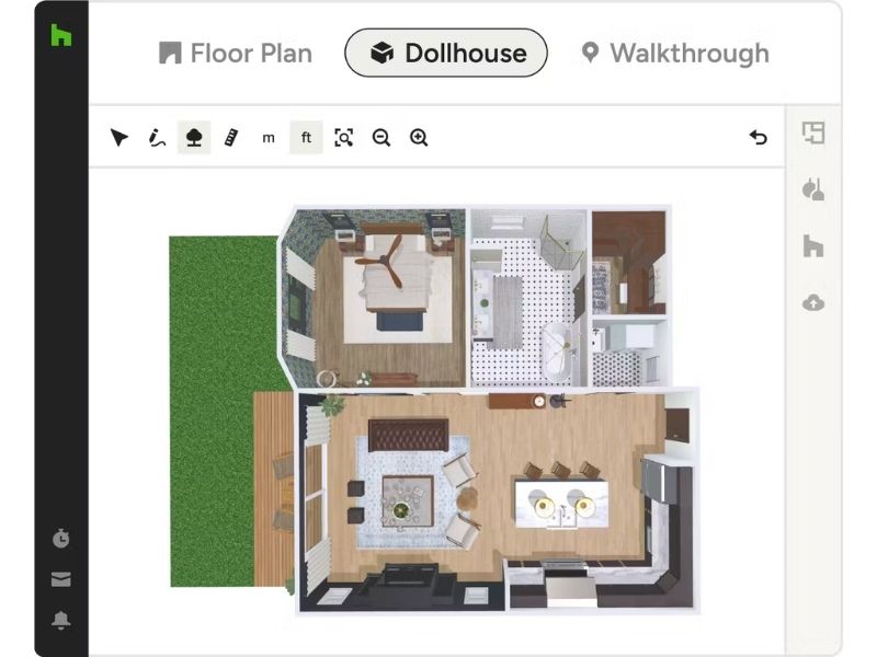 3D Floor Plan made with Houzz Pro. The image shows a one-bedroom apartment with a combined living room and kitchen, a bathroom, an office, and utility room. There is also an outdoor seating area.