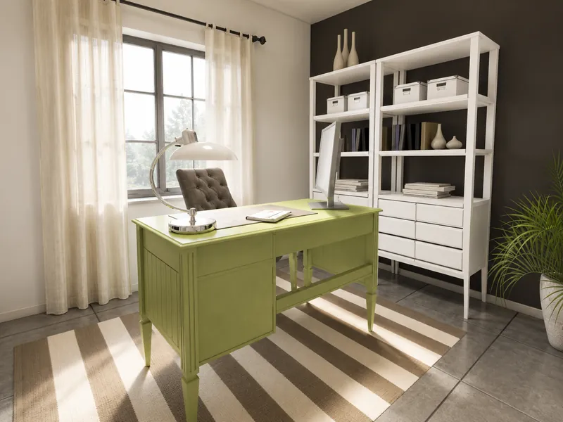 Home office with a lime-green desk, modern white shelving, striped rug, large window with sheer curtains, and a dark accent wall.