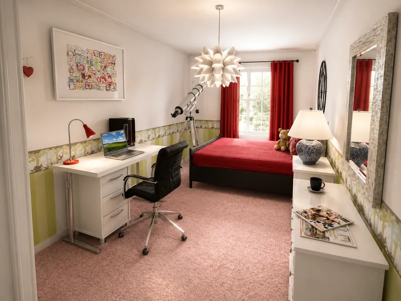 Bright bedroom and study with a red bed, white desk and dresser, black office chair, telescope, red curtains, pink carpet, and playful wall art.