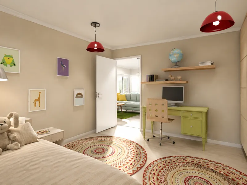 Children’s bedroom with a green study desk, animal artwork, red pendant lights, circular patterned rugs, a globe, and a plush toy on the bed.