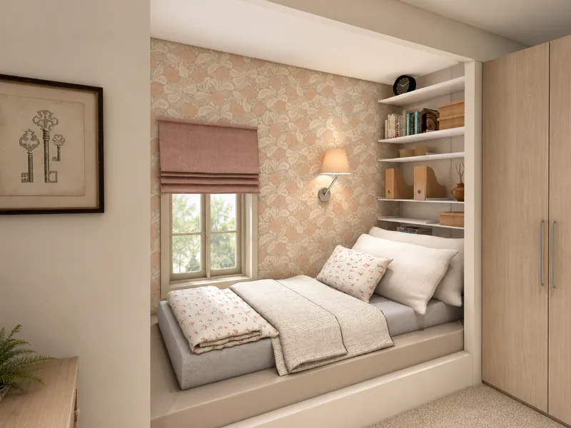 Cozy built-in sleeping nook with floral wallpaper, a cushioned bed, wall lamp, window shade, open shelving, and a light wood wardrobe.