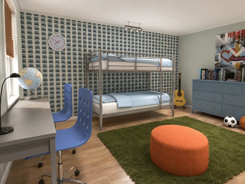 Dorm room with metal bunk beds, patterned wallpaper, a shared desk with blue chairs, a globe, guitar, blue dresser, green rug, and orange ottoman.