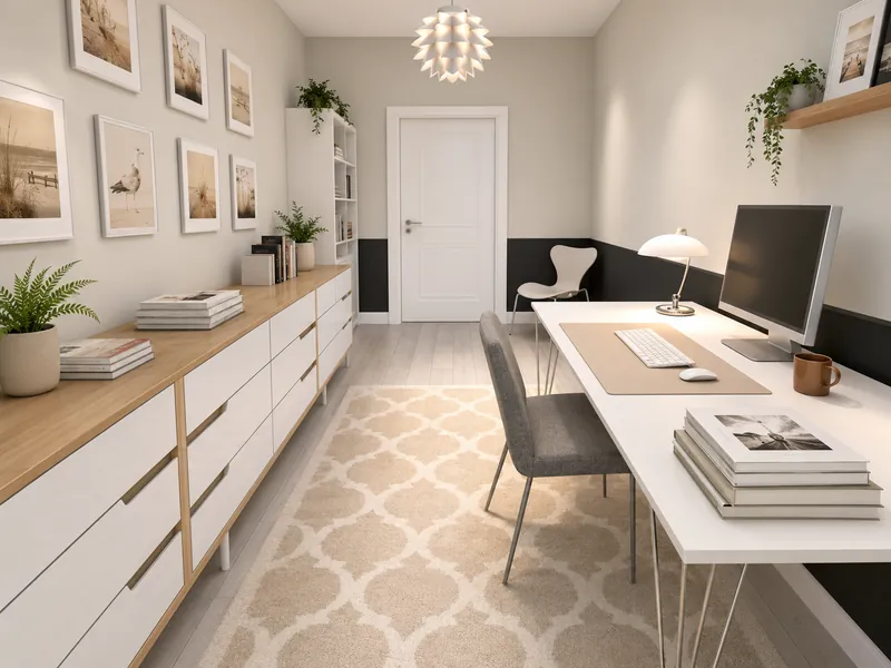 Bright home office with a long white desk, desktop computer, gray chair, low storage cabinets, gallery wall, plants, patterned rug, and a small reading chair.