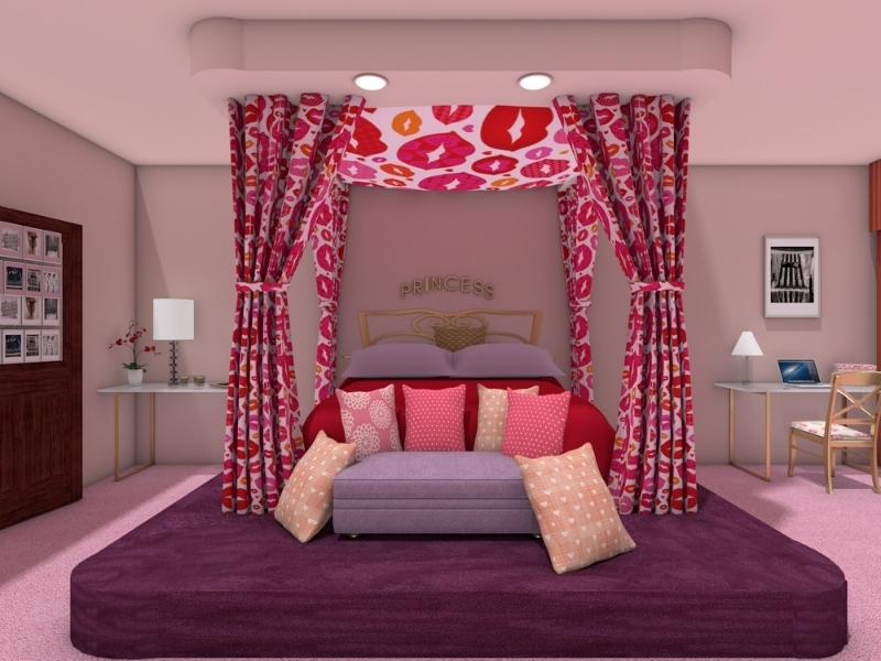 3D Photo of Regina George's bedroom from the movie Mean Girls. The photo shows a front view of the raised bed with curtains and decorative pillows around it. The colors are pink and purple.