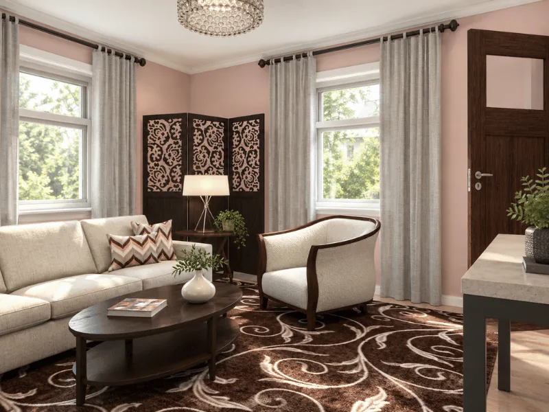 Small living room with a light sofa, accent chair, patterned rug, and two large windows.