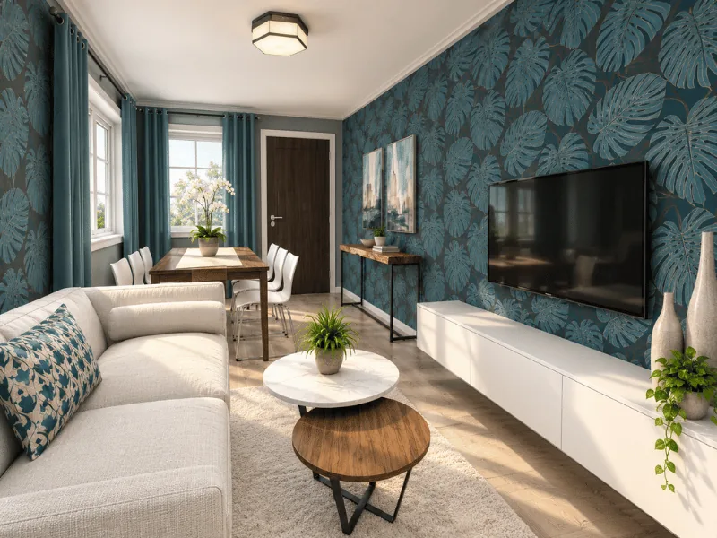 Small living and dining room with a white sofa, teal botanical wallpaper, and compact dining table.