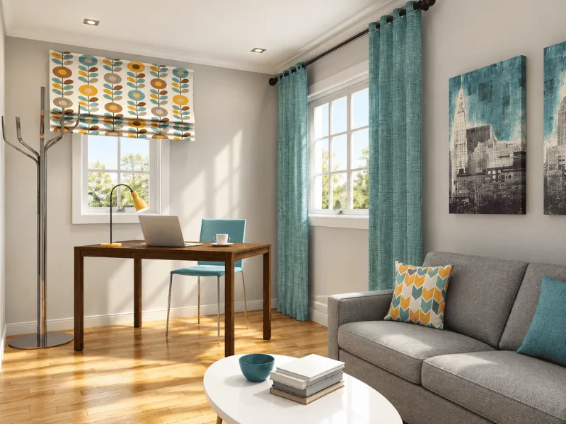 Small living room with a compact home office, gray sofa, teal curtains, and colorful window shade.