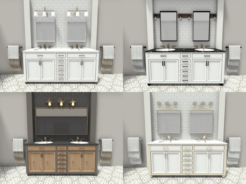 Four side-by-side bathroom vanity designs showcasing different material combinations using RoomSketcher's Replace Material feature. Each layout features the same vanity structure but with variations in cabinet colors, countertops, mirrors, lighting, and backsplash tiles