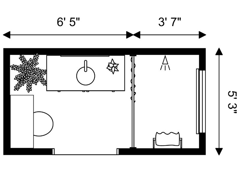 Narrow bathroom floor plan in black and white showing the measurements of two exterior walls.