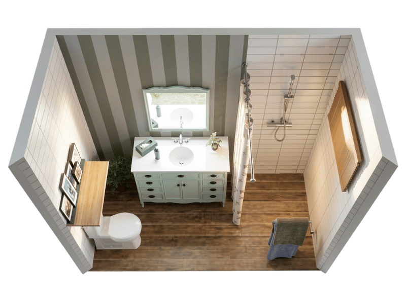 3D floor plan of a narrow bathroom with light wood finishes and white tiles.
